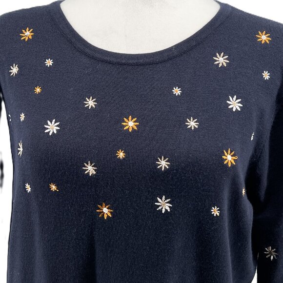 🌼Elegant Moffi Size M Navy Sweater with Daisy Embroidery, crew neck cozy - Picture 2 of 8